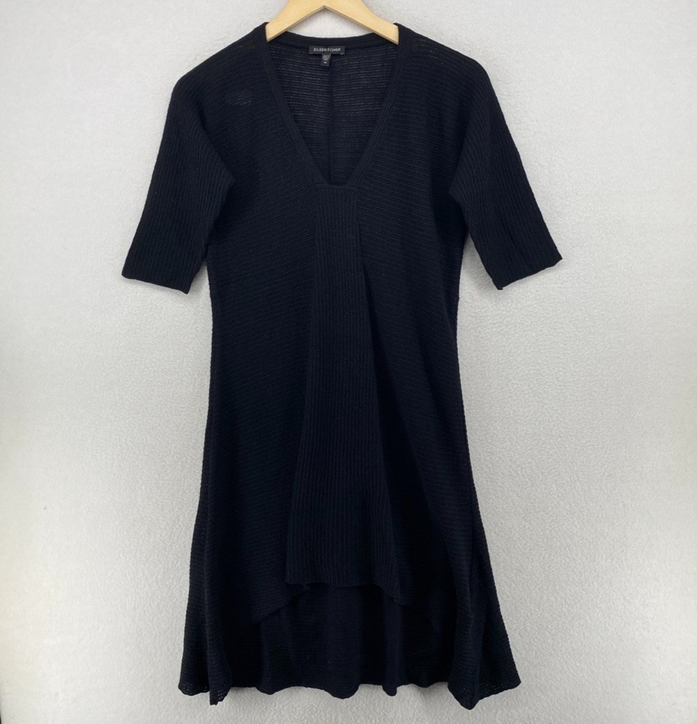 EILEEN FISHER Dress XS Washable Wool Crepe Knit Mixed Ribbed Shift Dolman Black